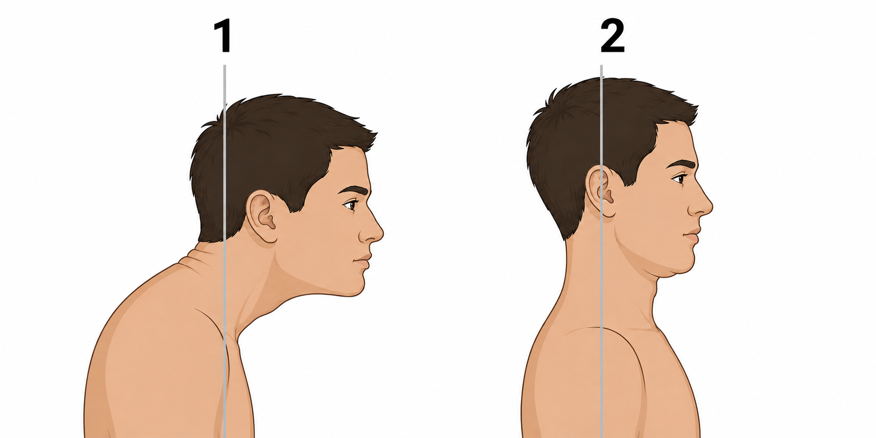 So sánh tư thế đầu cổ sai và đúng: đầu chồm ra trước và thu cằm